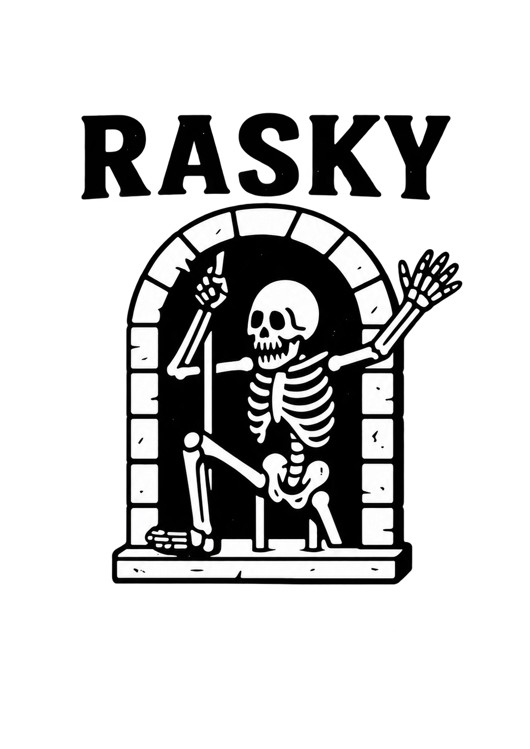 RASKY lettering above a skeleton climbing through a brick arch