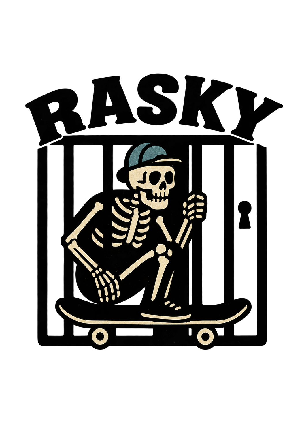 A skeleton behind bars with RASKY lettering