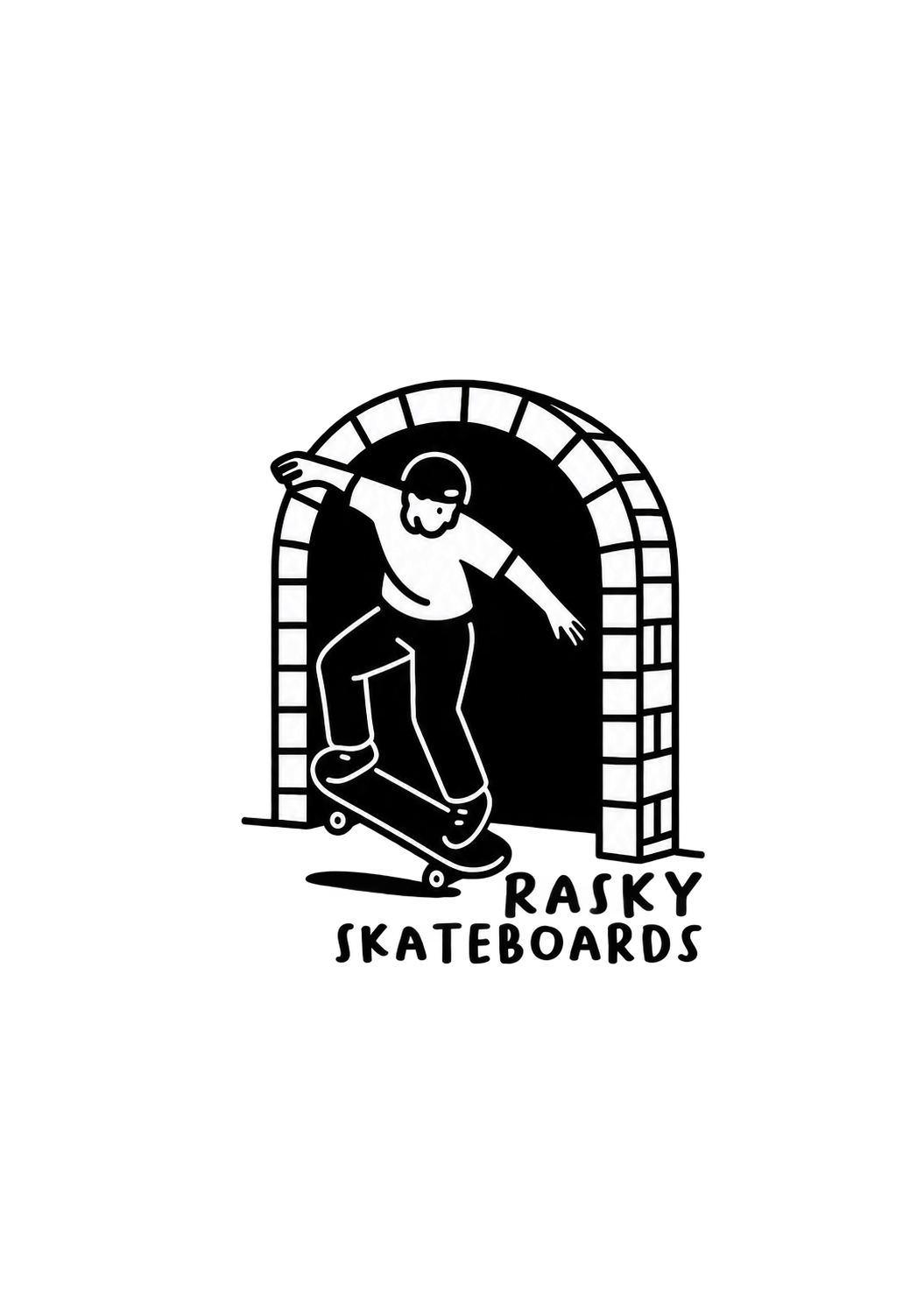 A skate graphic of a skater at a doorway with RASKY lettering