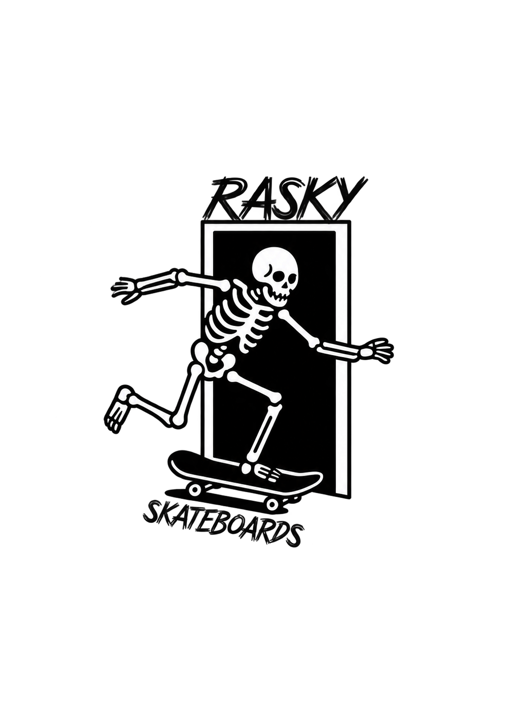 A skeleton skating past a doorway beneath RASKY lettering