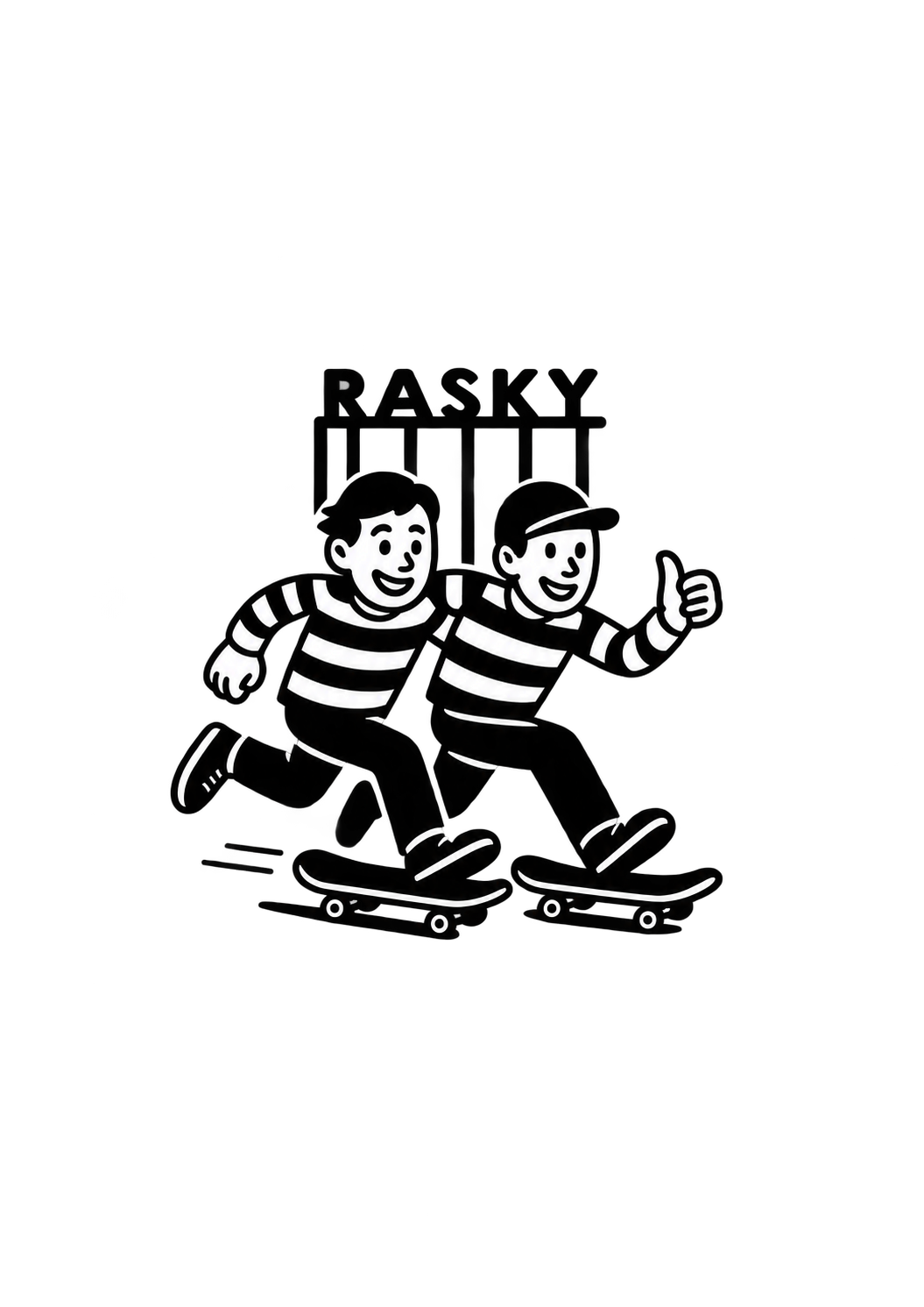 Two prisoners skating together beneath RASKY lettering