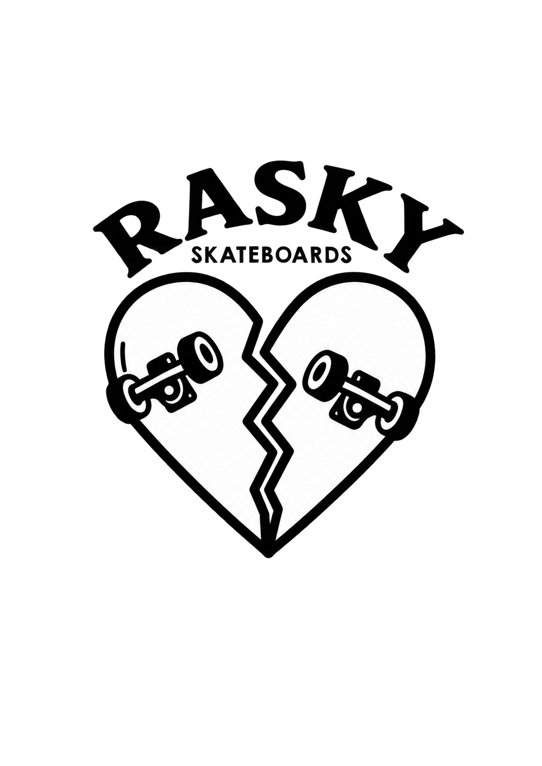 RASKY Skateboards lettering above a broken heart made from skateboard decks