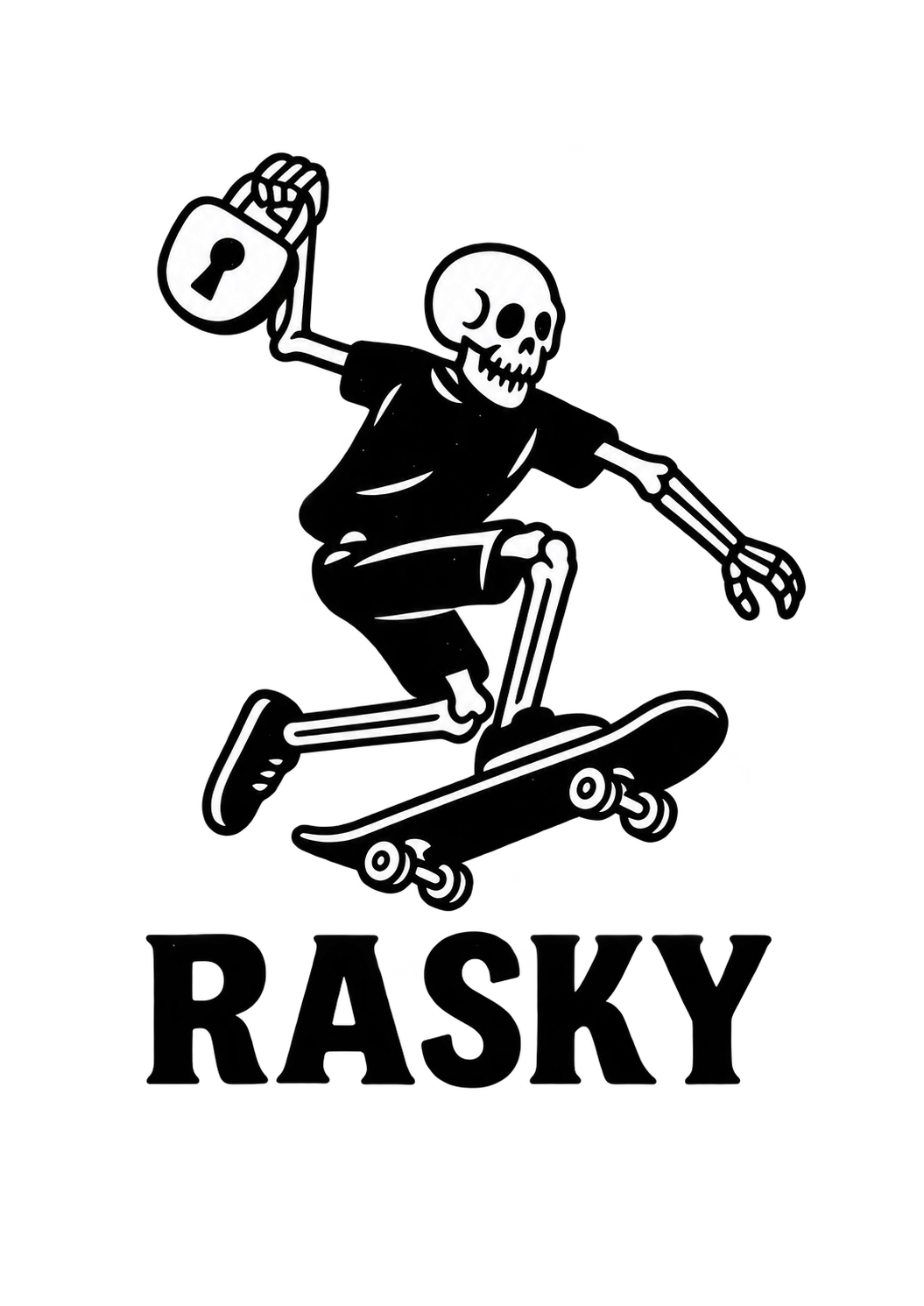 A skeleton jumping with a skateboard and padlock, with the RASKY wordmark beneath