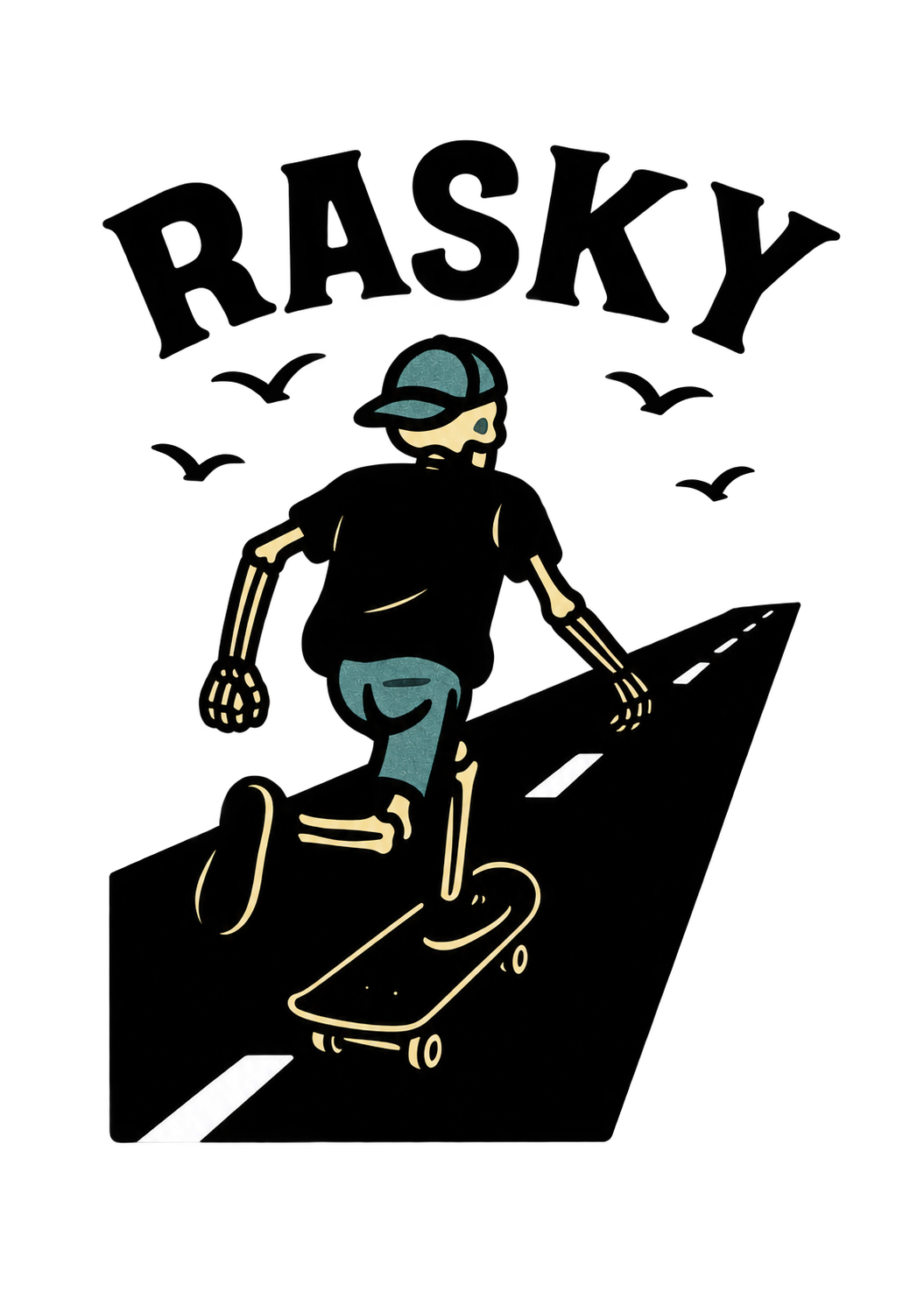 RASKY lettering over a skeleton in a blue-green cap skating along a road