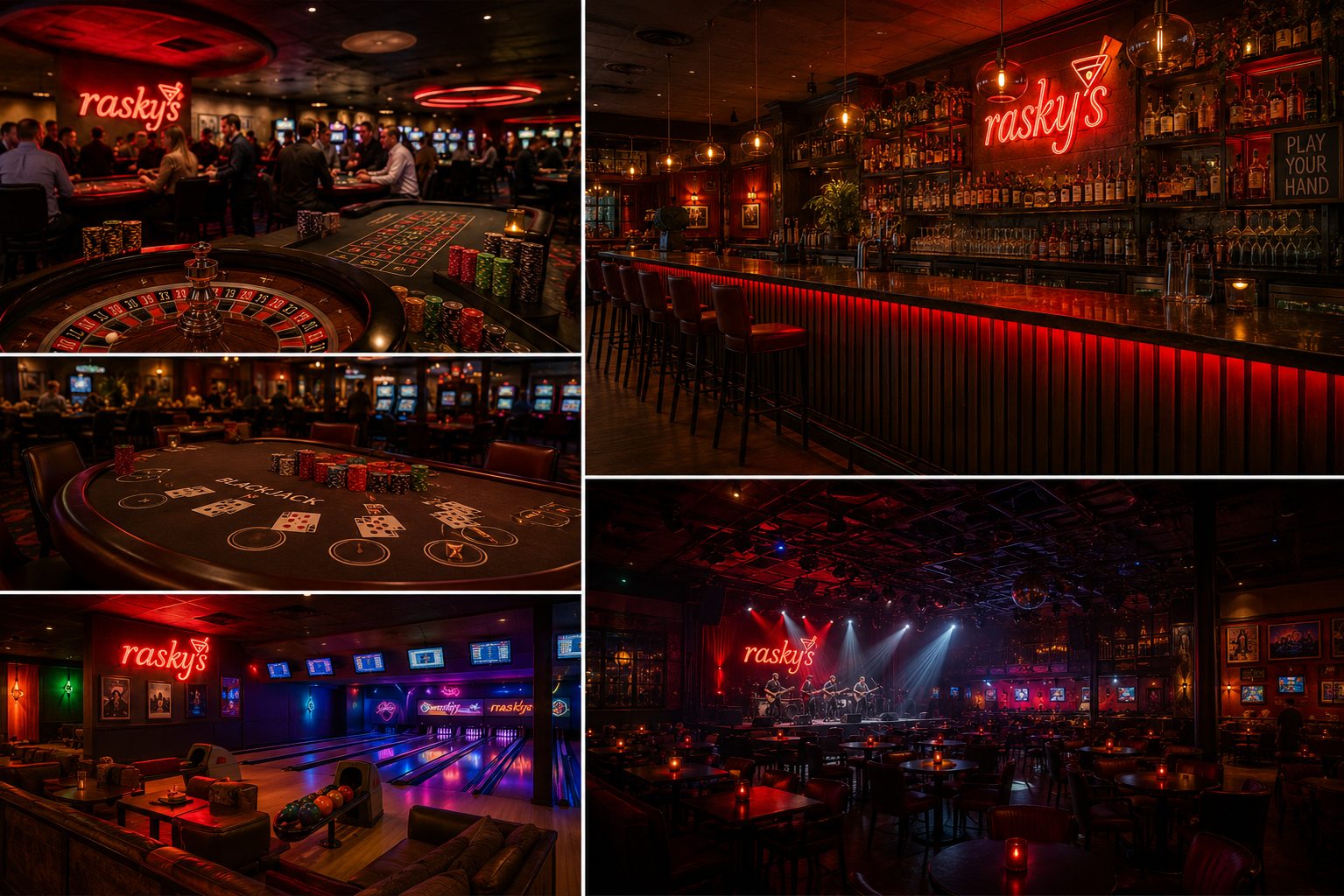 Raskys casino, bar, stage and bowling concept collage