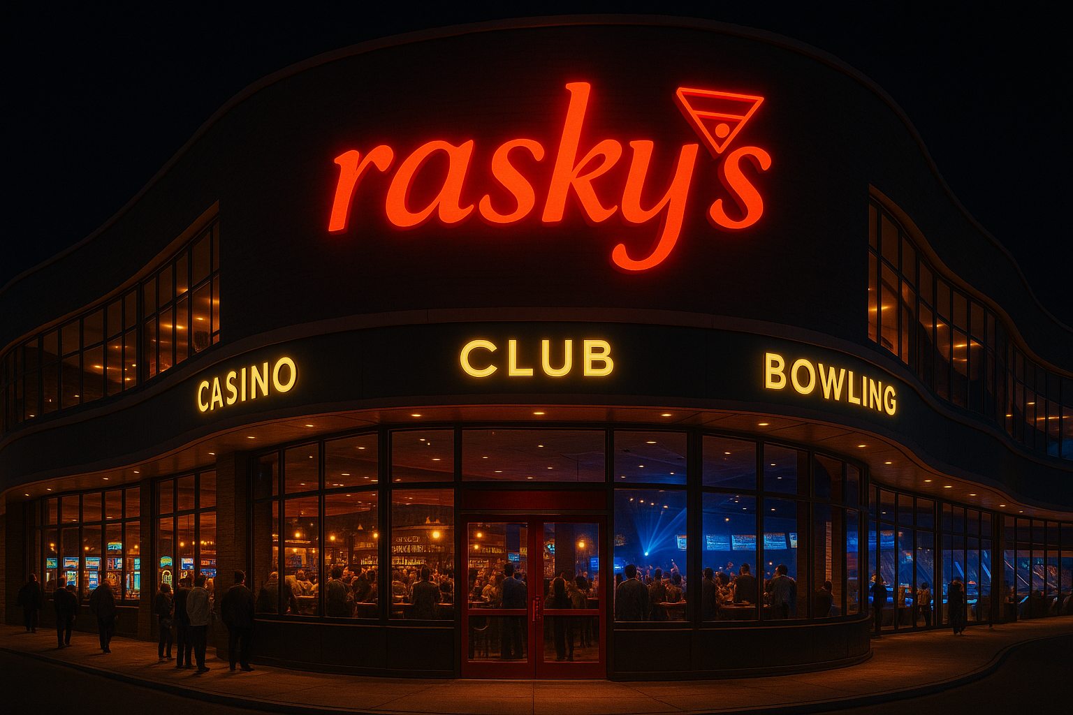 Raskys concept venue exterior with club, casino and bowling signage