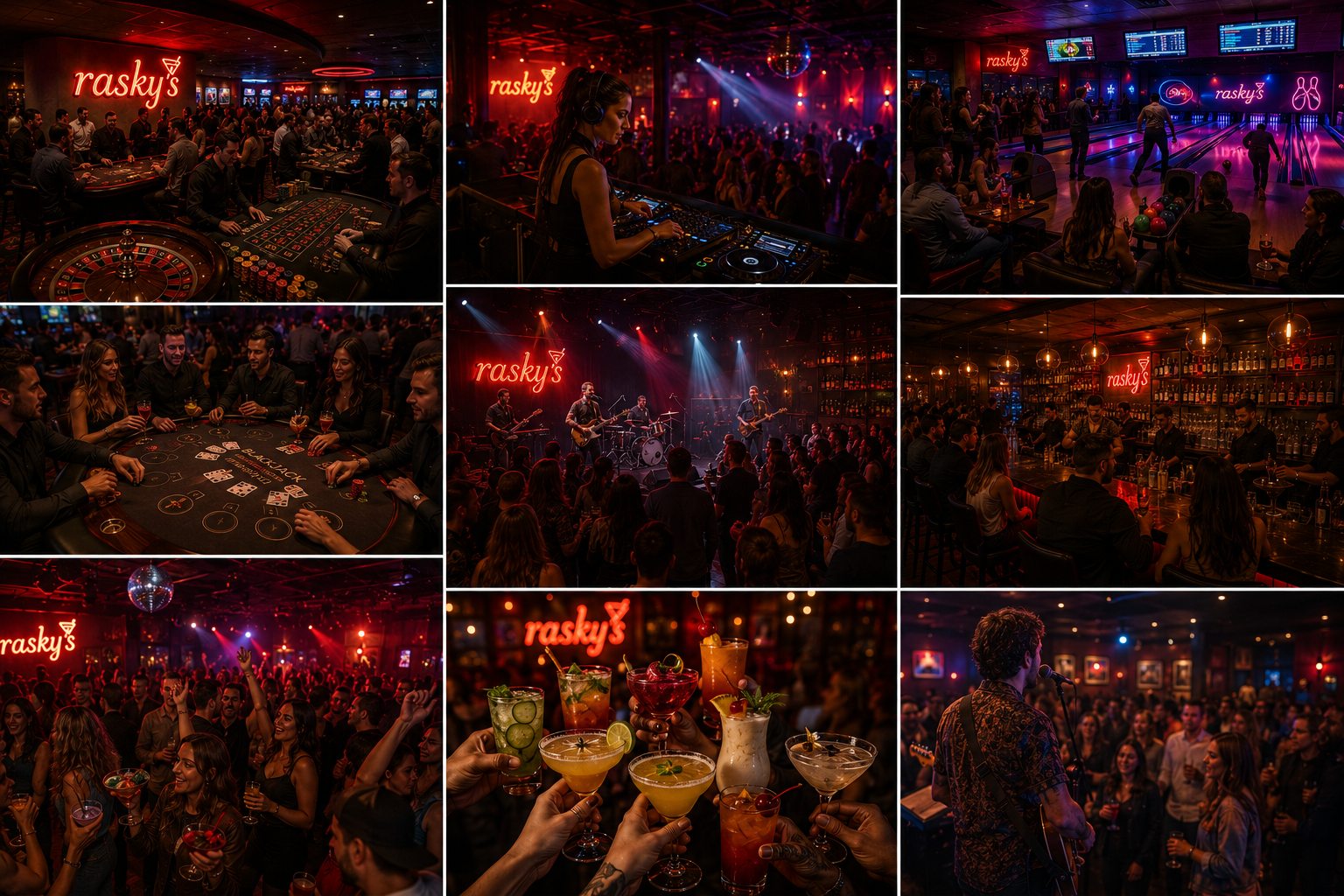 Raskys nightlife, live music, bowling, cocktails and casino concept collage