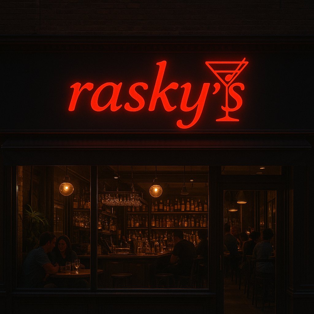 Raskys intimate bar frontage with warm lighting
