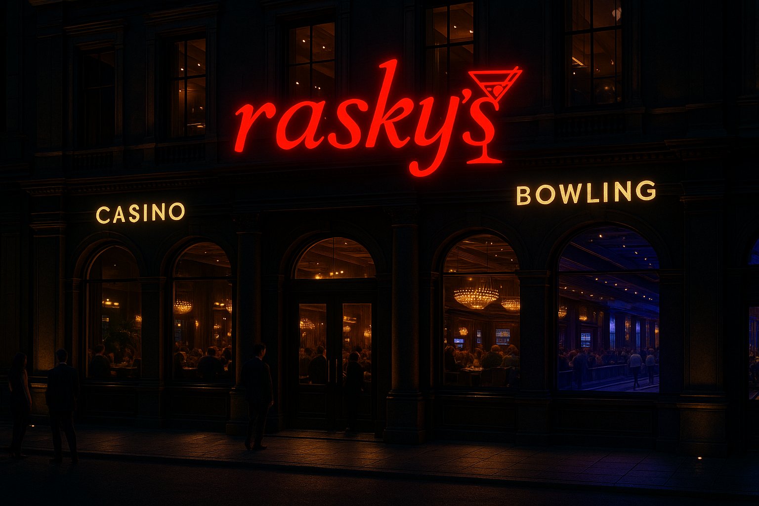 Raskys venue exterior with casino and bowling signage