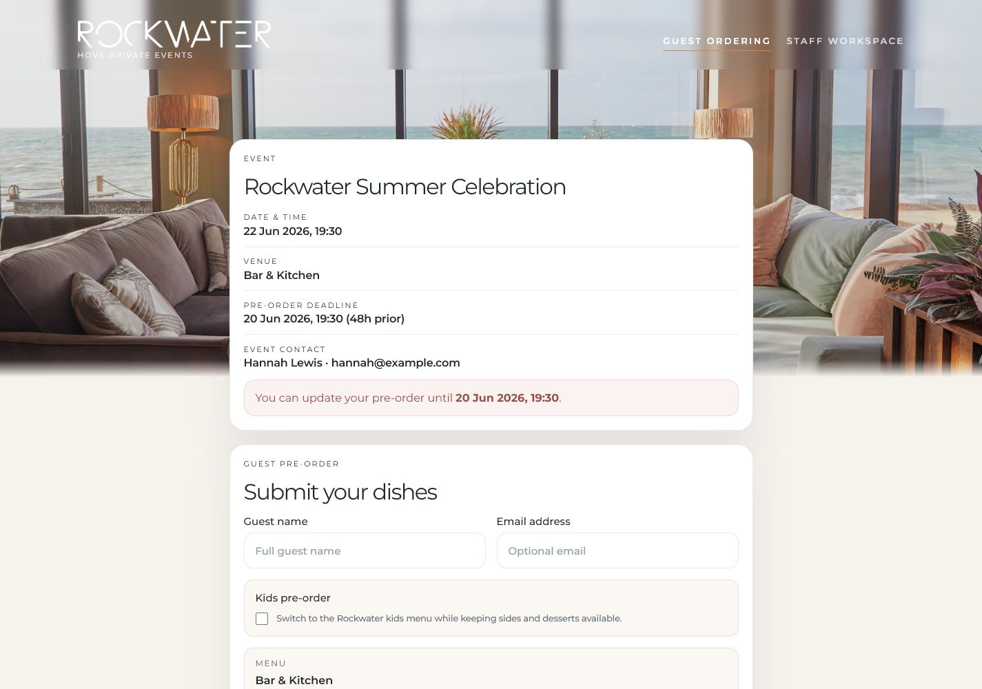 Rockwater Preorders guest ordering website view