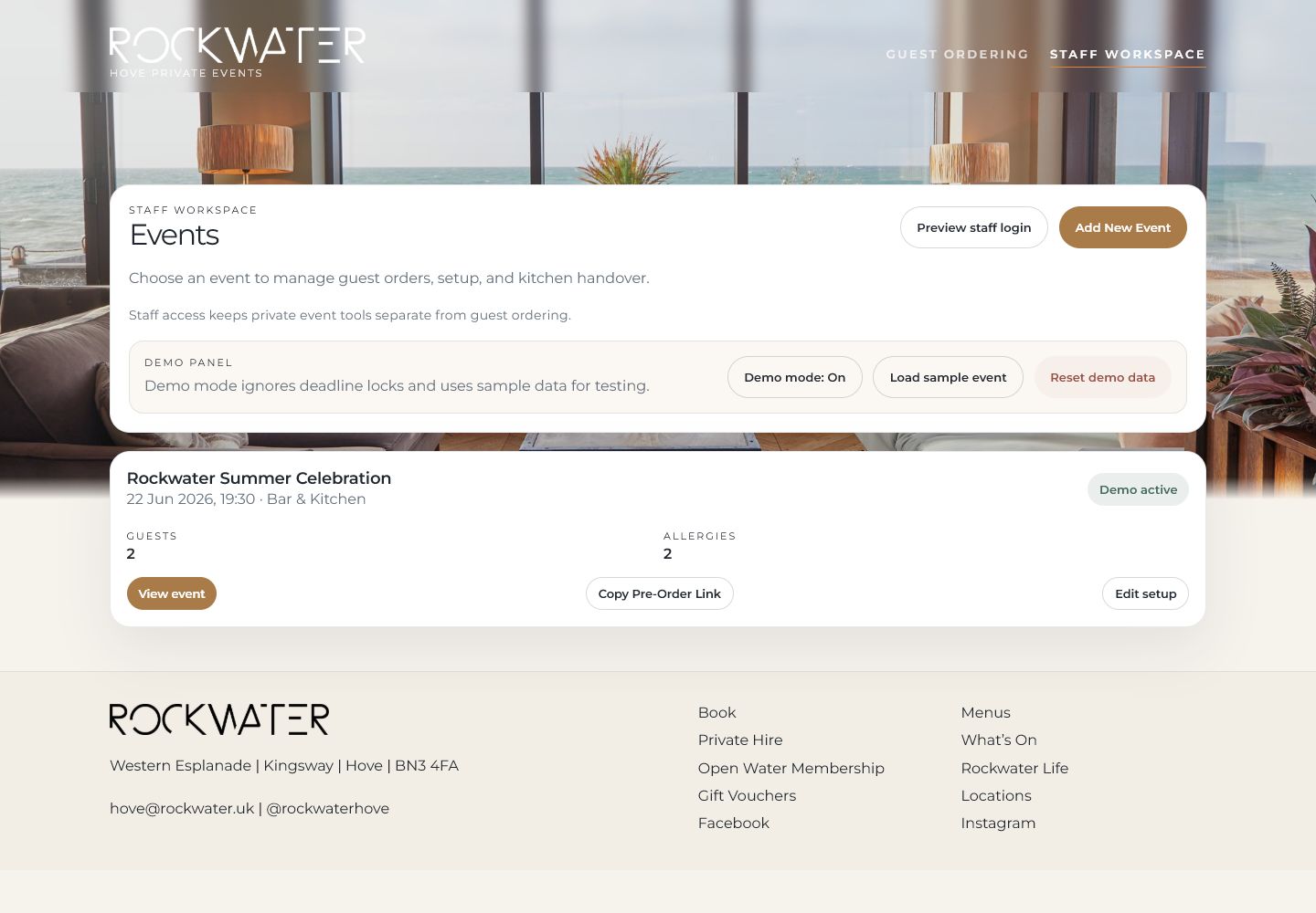 Rockwater Preorders staff workspace website view