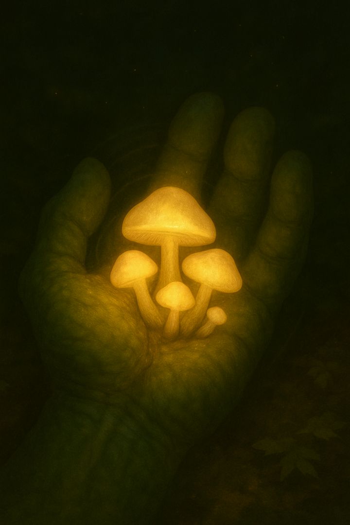 A large green hand holding three glowing mushrooms in a dark forest