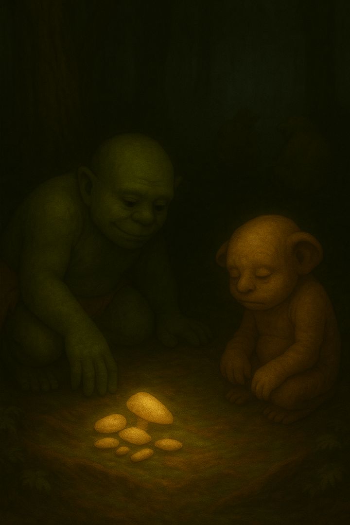 Two Shnorks crouched over a cluster of glowing mushrooms on the forest floor