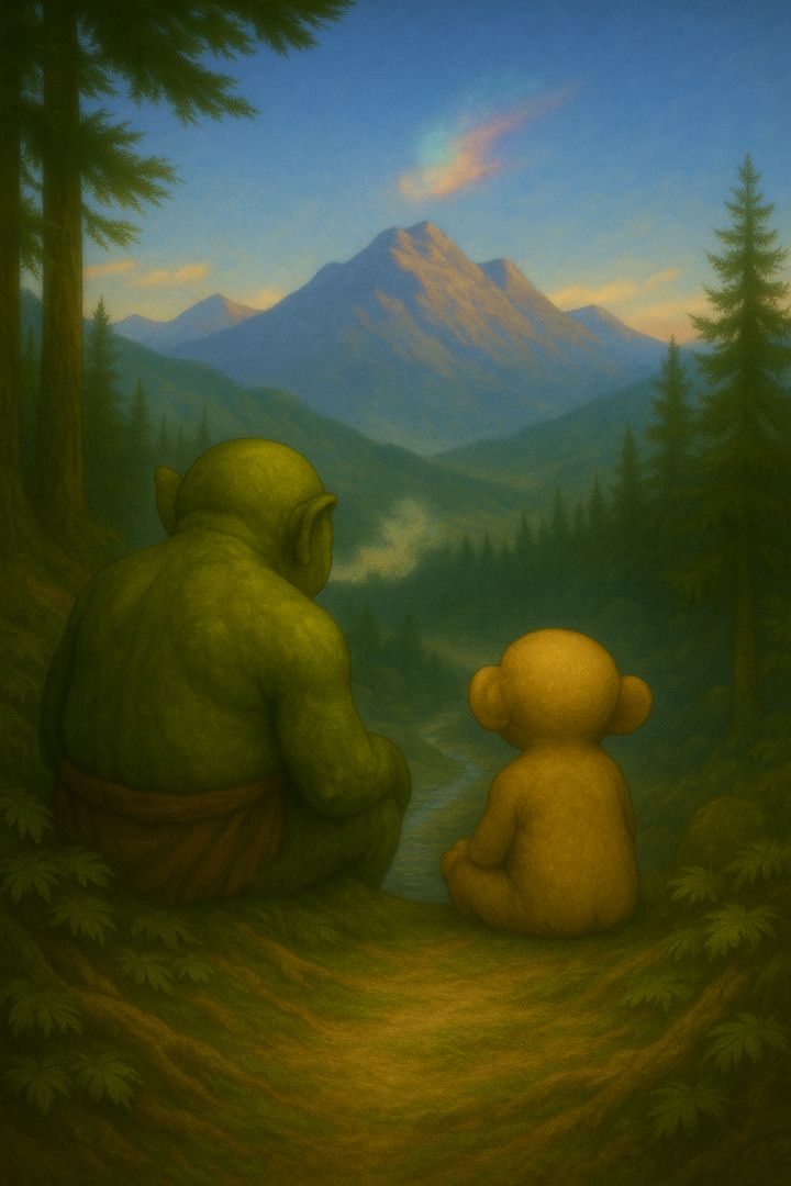 A large Shnork and a small one sitting together, looking out at mountains beyond the forest