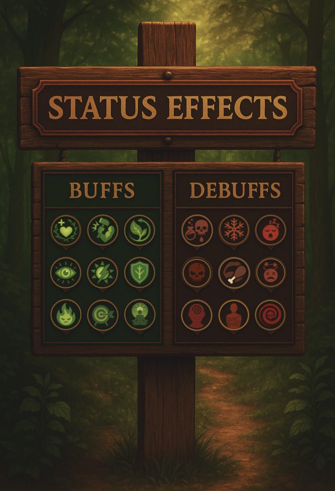 Game design board titled Status Effects with nine buff icons and nine debuff icons on a wooden signpost