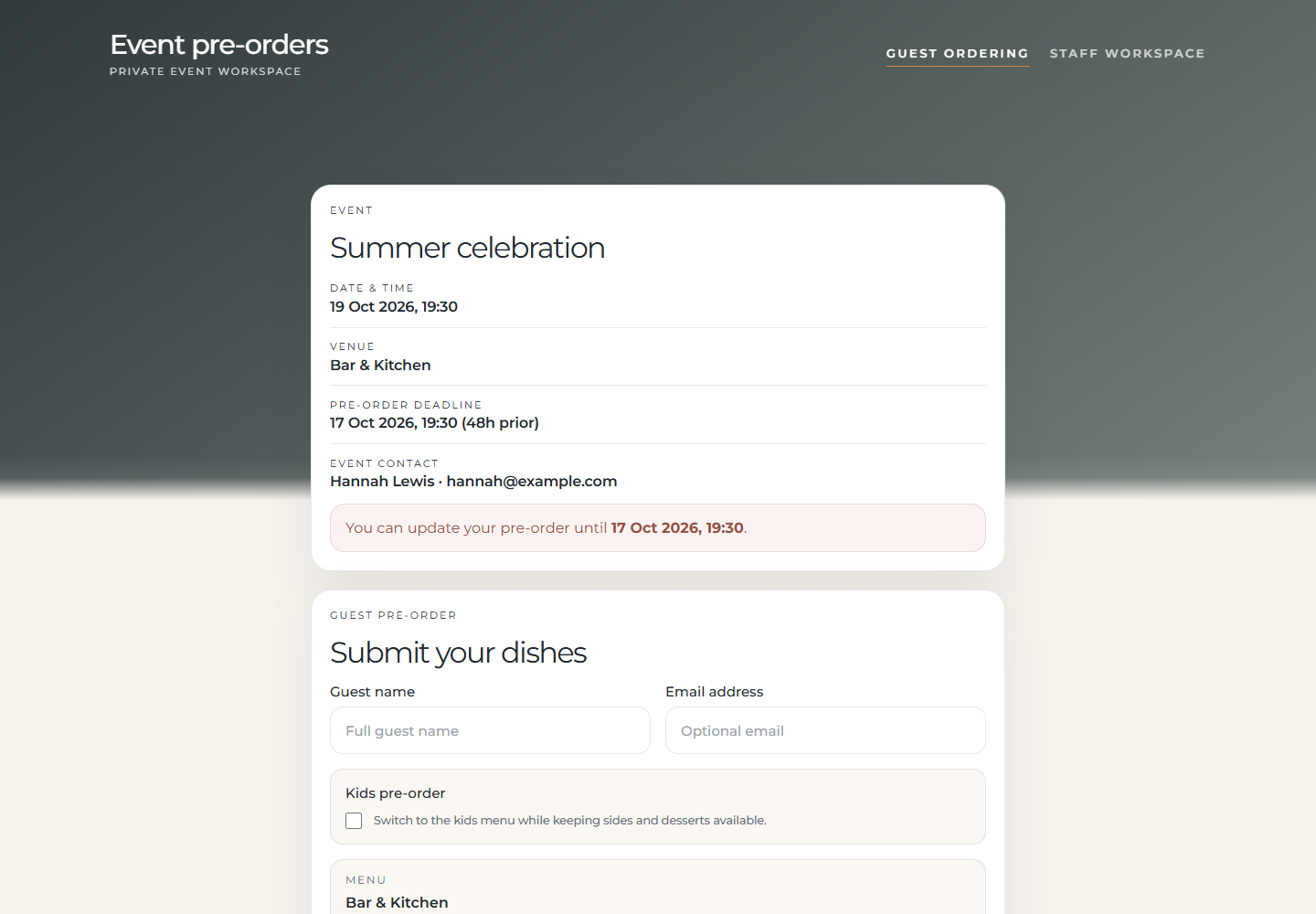 Guest ordering demonstration page, shown in full