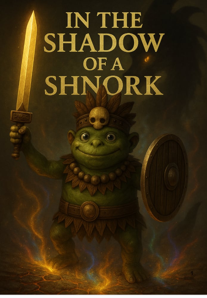 The cover of In the Shadow of a Shnork: a green Shnork in a skull headdress raises a golden sword and a round shield above many-coloured flames.