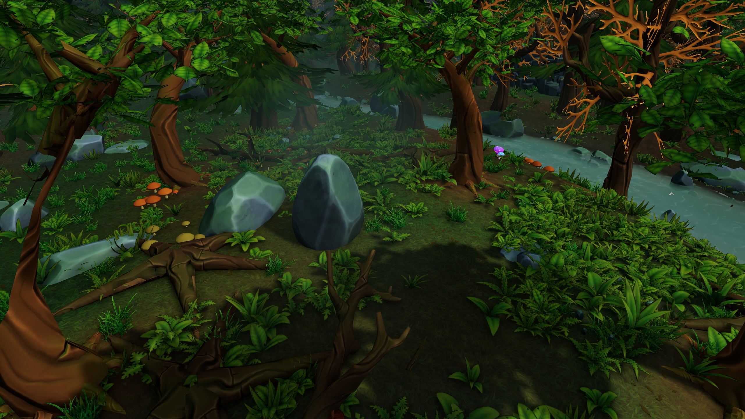 Game footage: boulders, ferns and mushrooms north of the first glade.