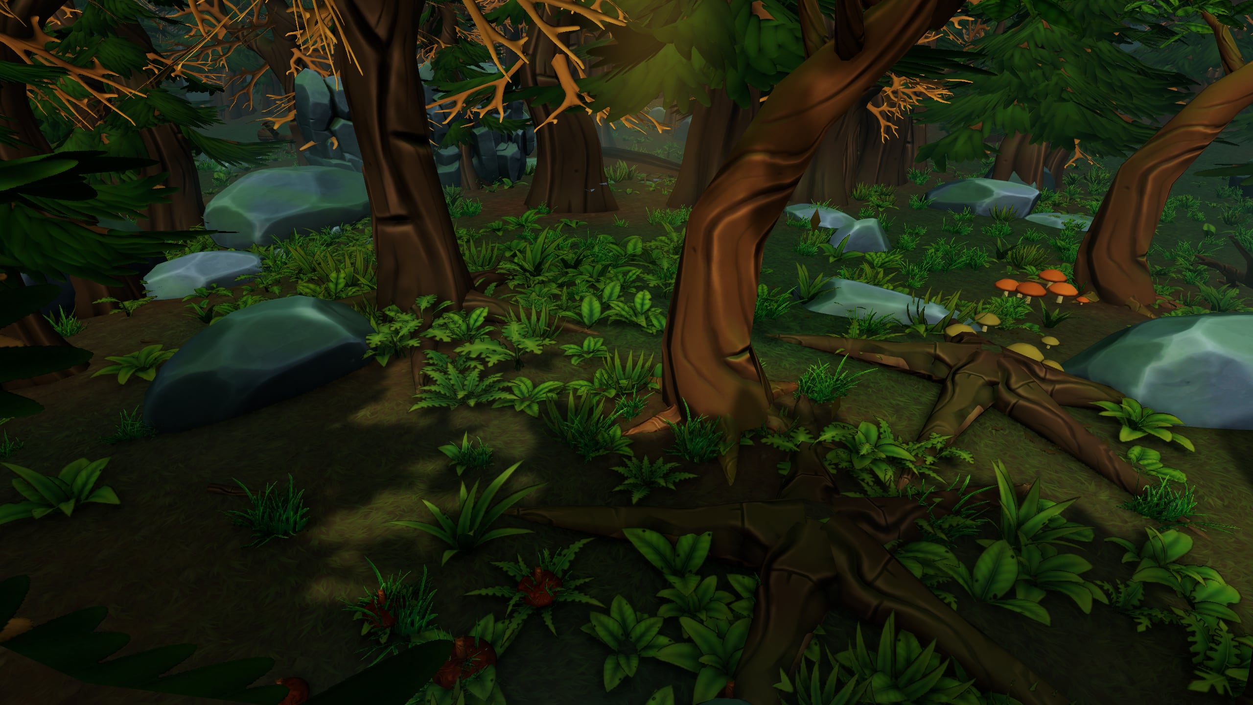 Game footage: sunlight on the ferns by the mushroom patch.