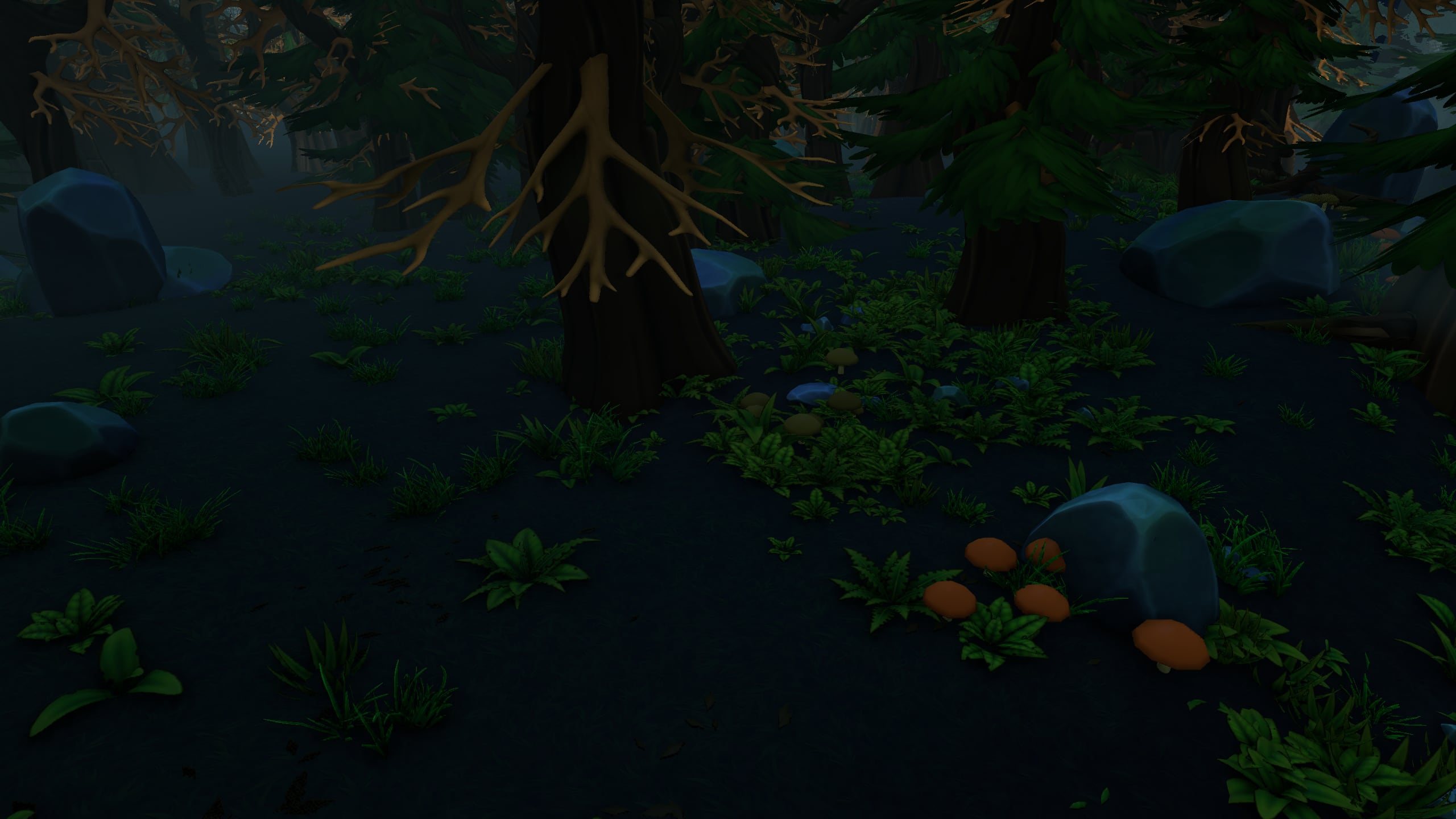Game footage at night in the woods east of the stream.