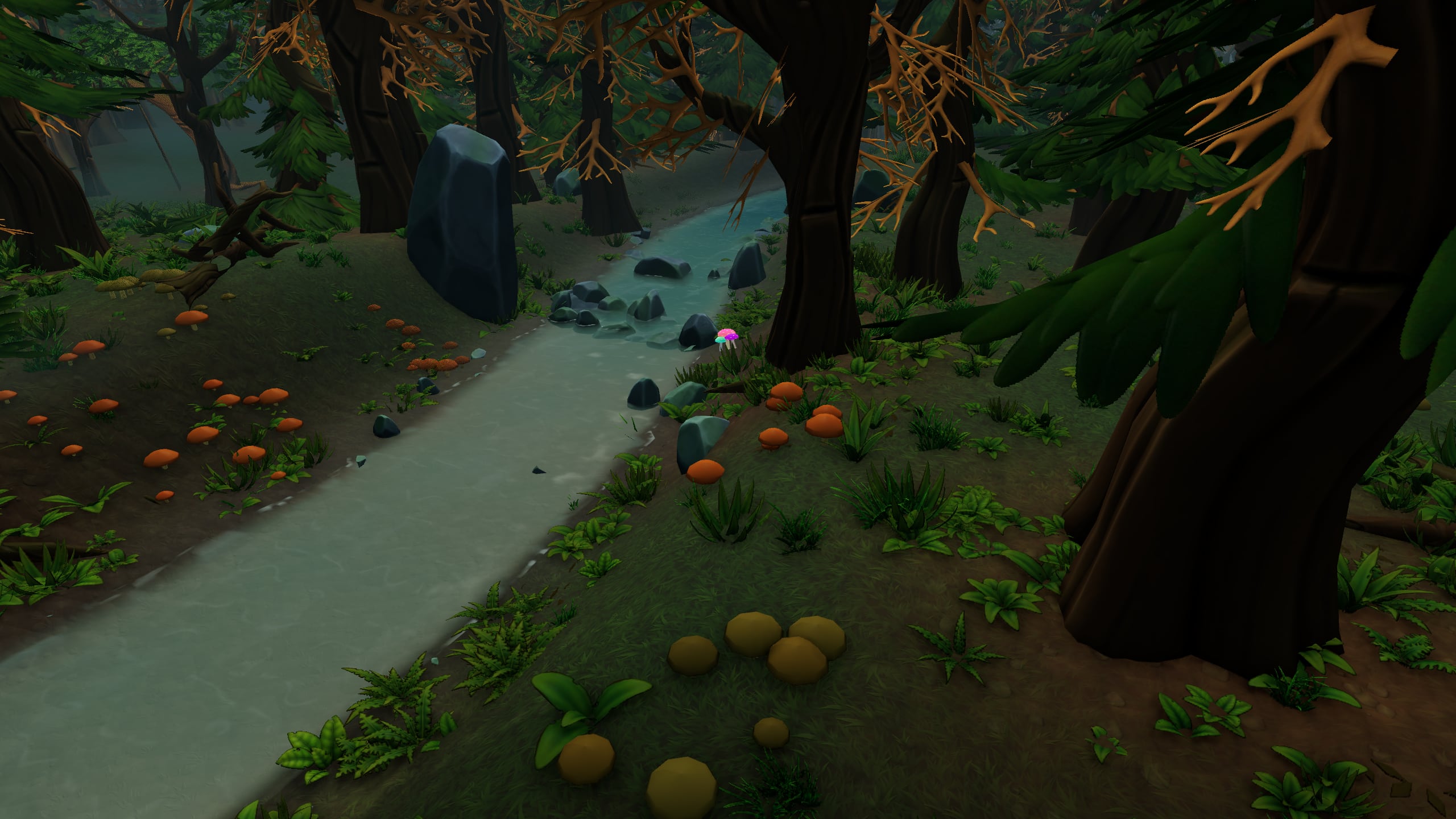 Game footage: the southern stream, orange mushrooms on its bank.