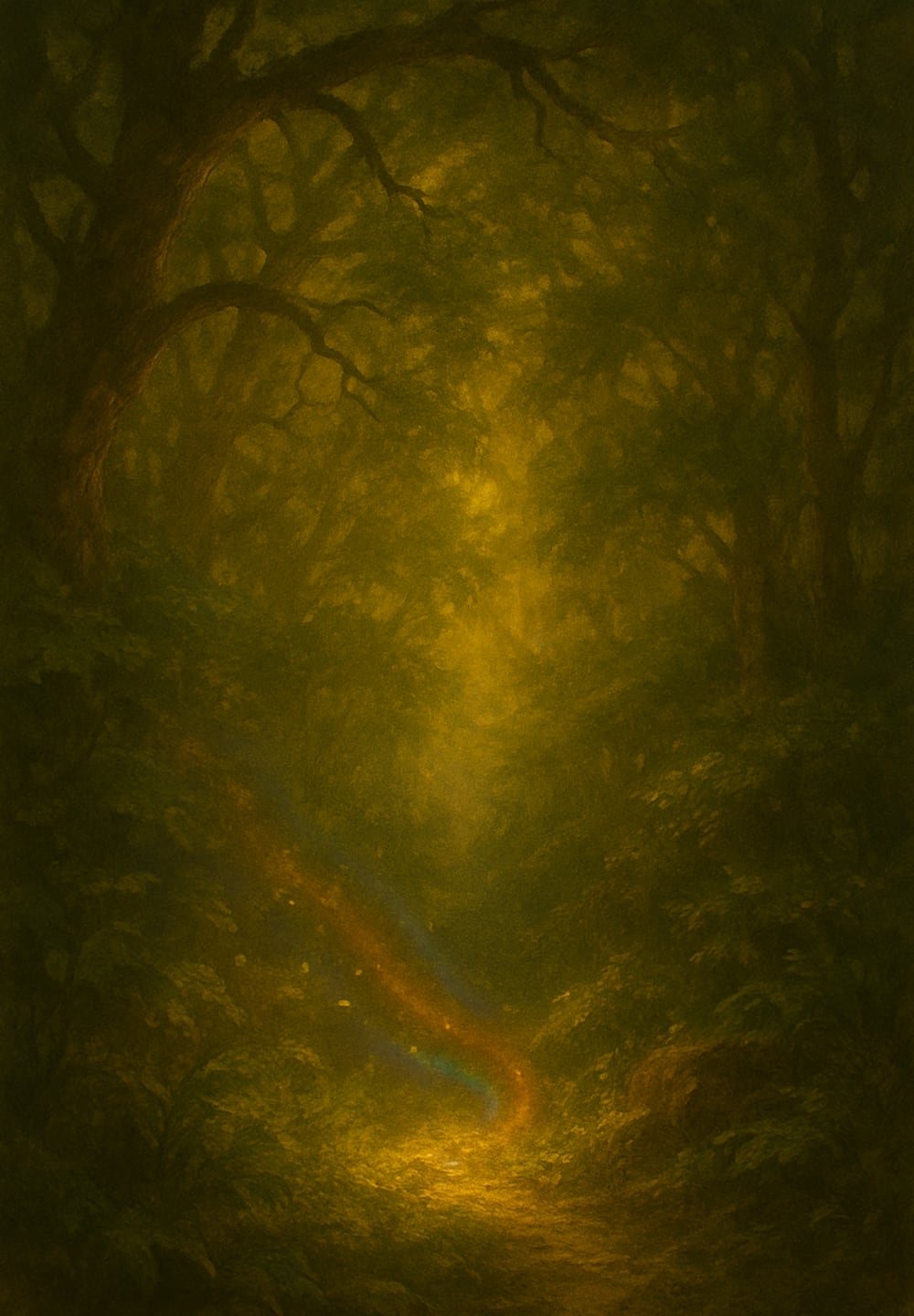 A golden trail of light rising through a painted forest.