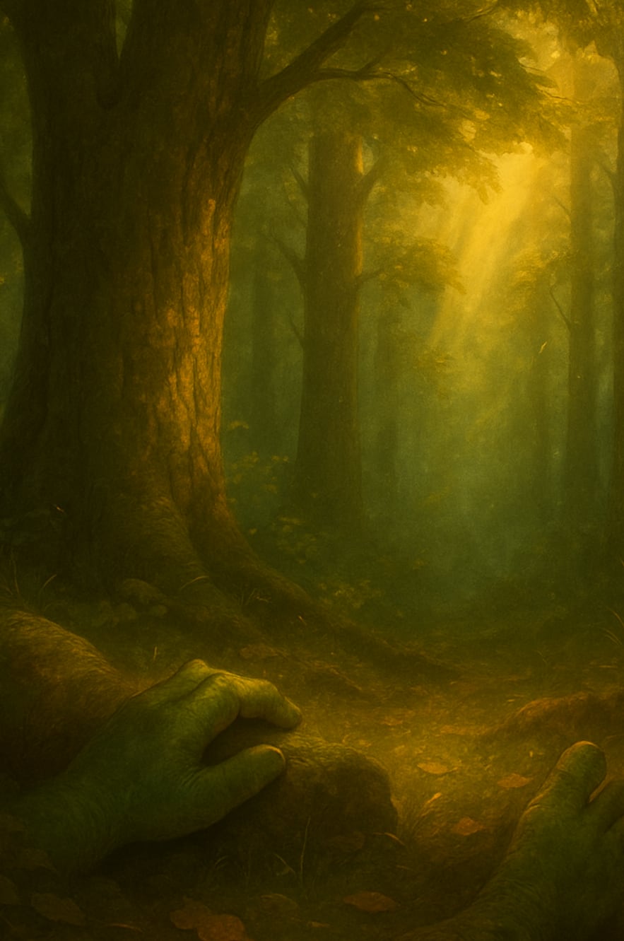 Painted forest at first light, sun falling in shafts between the trunks.