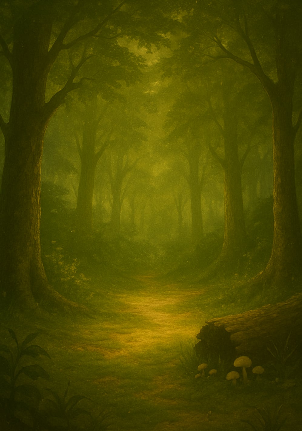Book illustration: tall trunks opening onto a sunlit clearing.