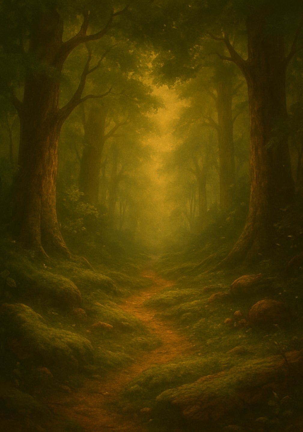A painted path of moss and light between ancient trees.