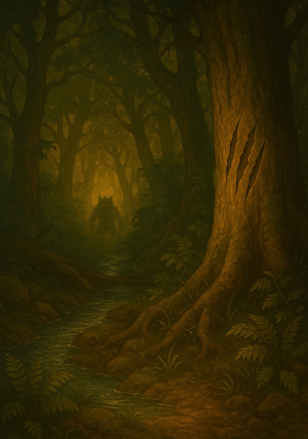Three long gouges torn into a tree beside the stream. Far down the path, something stands in the dark.