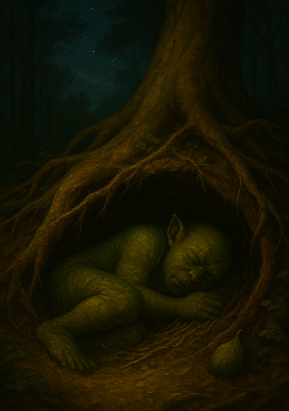Book illustration: night; great roots arching in the dark.