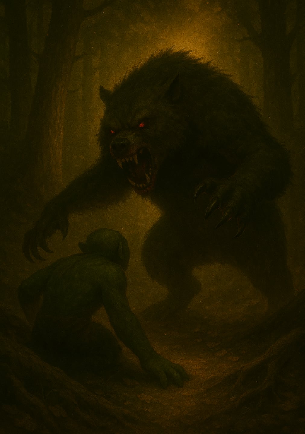 A huge dark beast lunges through the trees at a small figure scrambling below it.