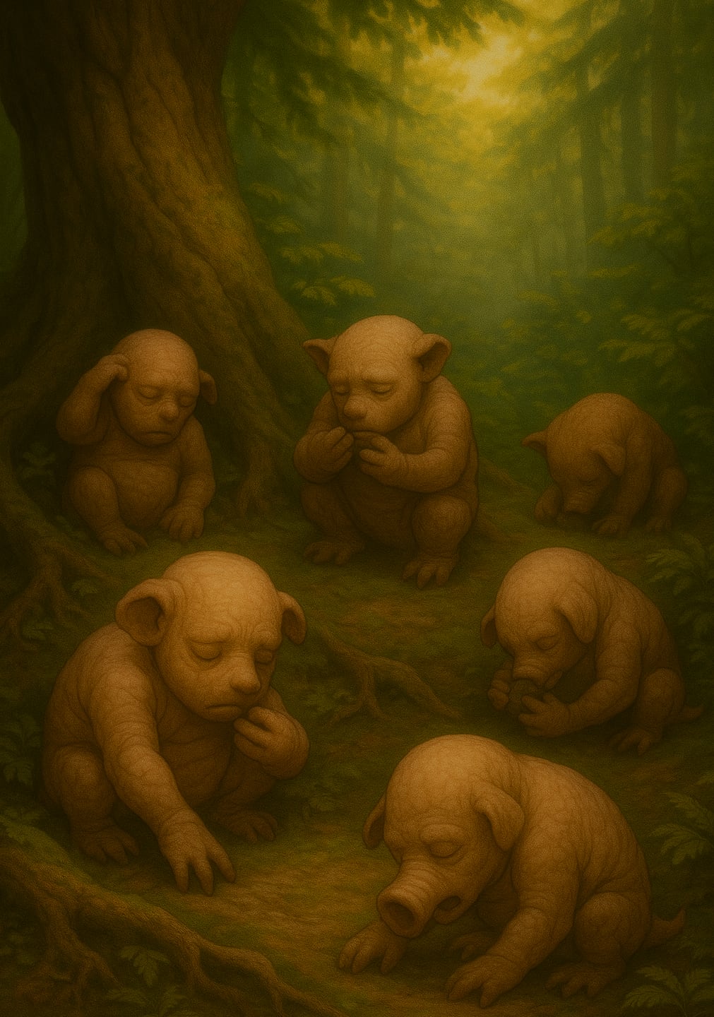 A clearing full of pale, wrinkled, pig-snouted creatures — squatting, sniffing, staring at nothing.