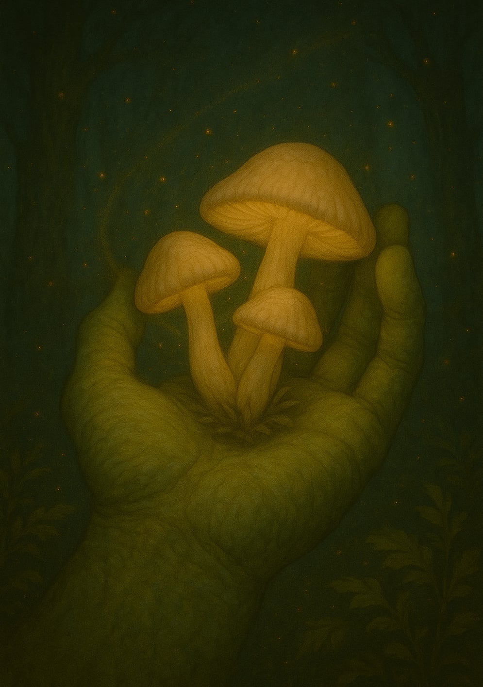 A large green hand cradles a small cluster of pale, softly glowing mushrooms.
