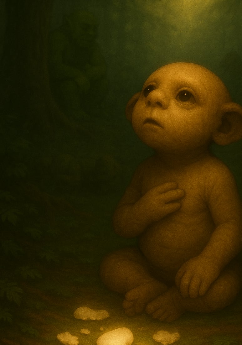 A small creature sits upright in a column of light, hand on its chest, looking up at the sky.