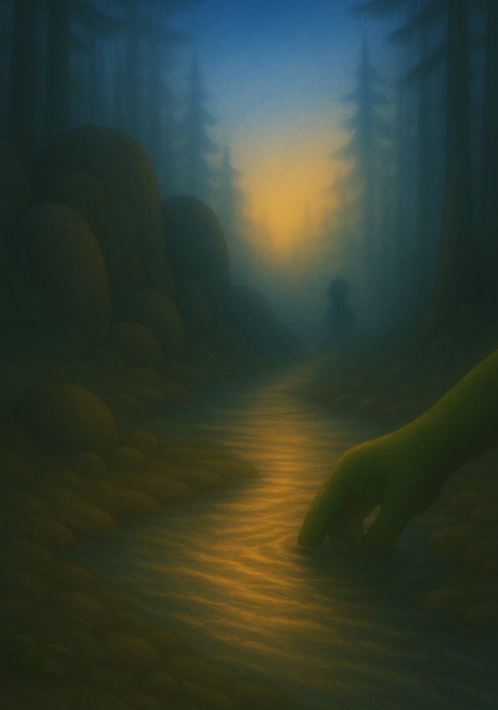 Book illustration: a stream glowing gold between dark trees in blue evening light.
