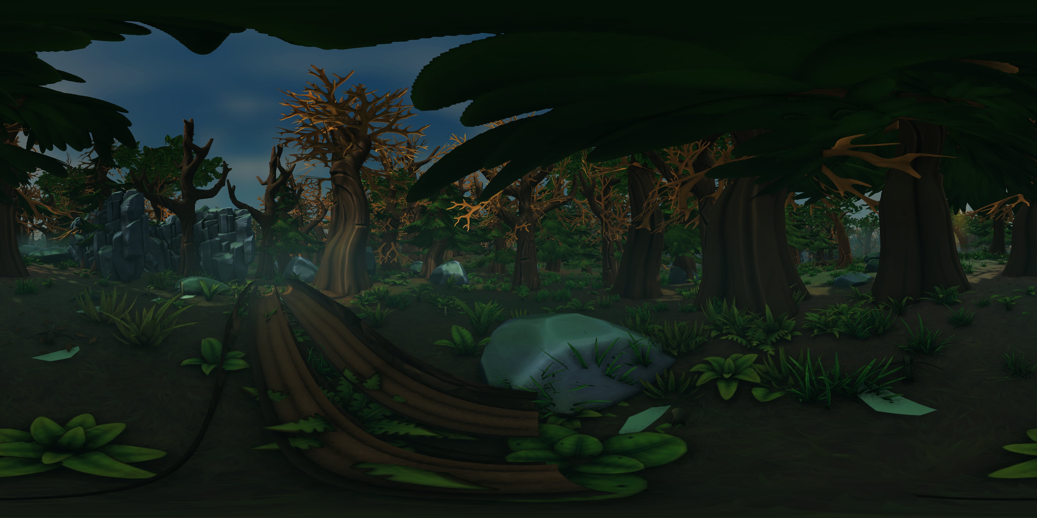 In the game: a 360° view of the mushroom patch — a fallen log, ferns, boulders and old stone; drag to look around.