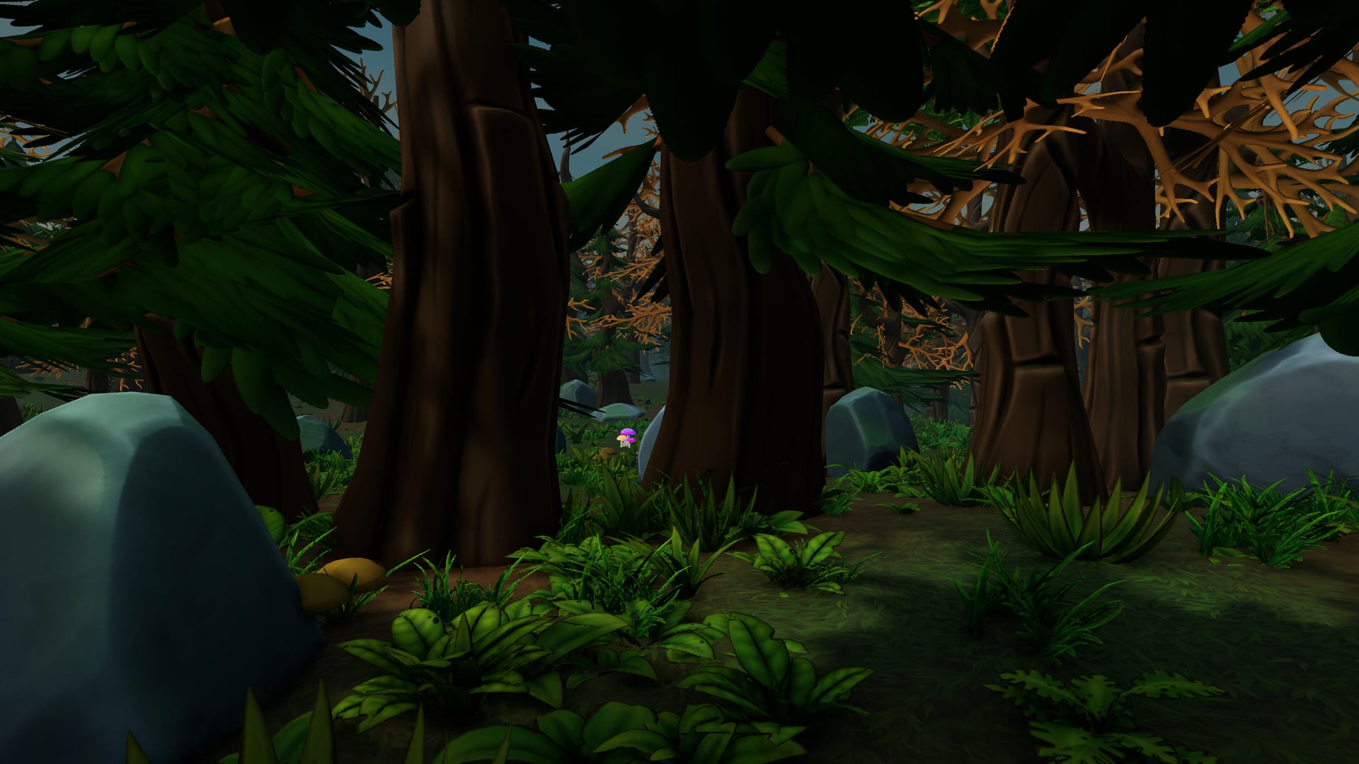 In the game: running west through the woods at eye level, past boulders and mushrooms.