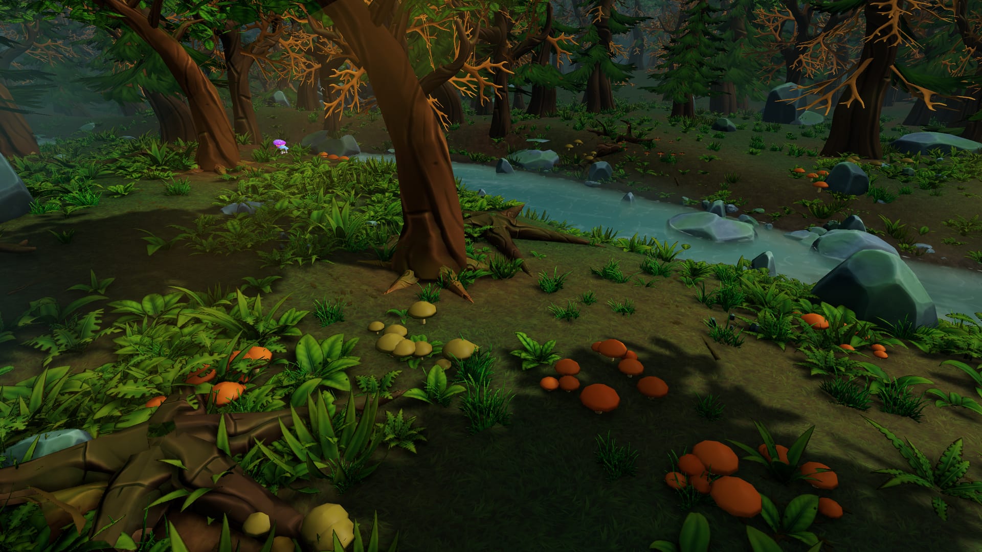 Game footage: running past orange mushrooms and boulders to the mushrooms by the stream.