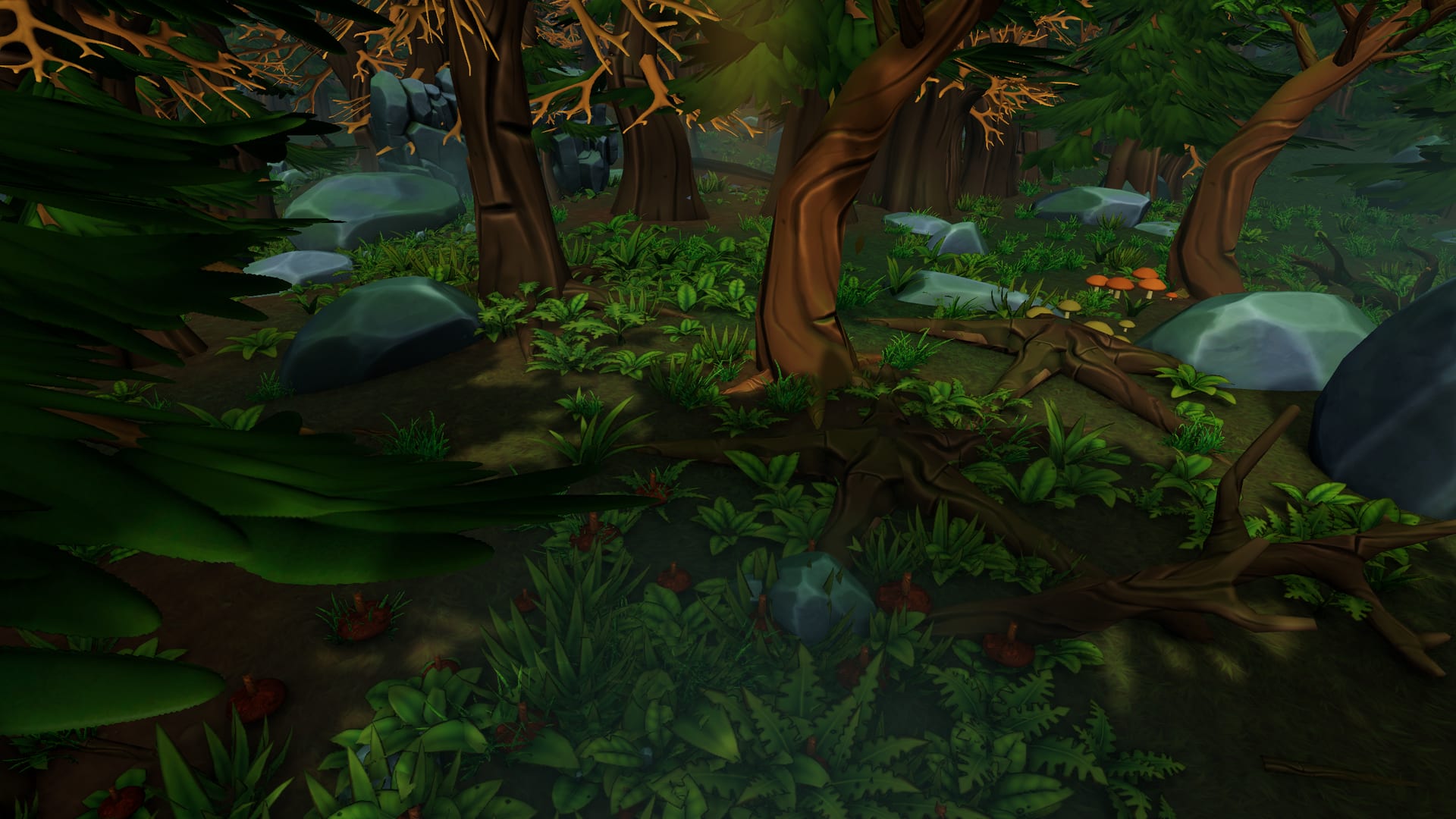 Game footage: through the mushroom patch beside a fallen log.