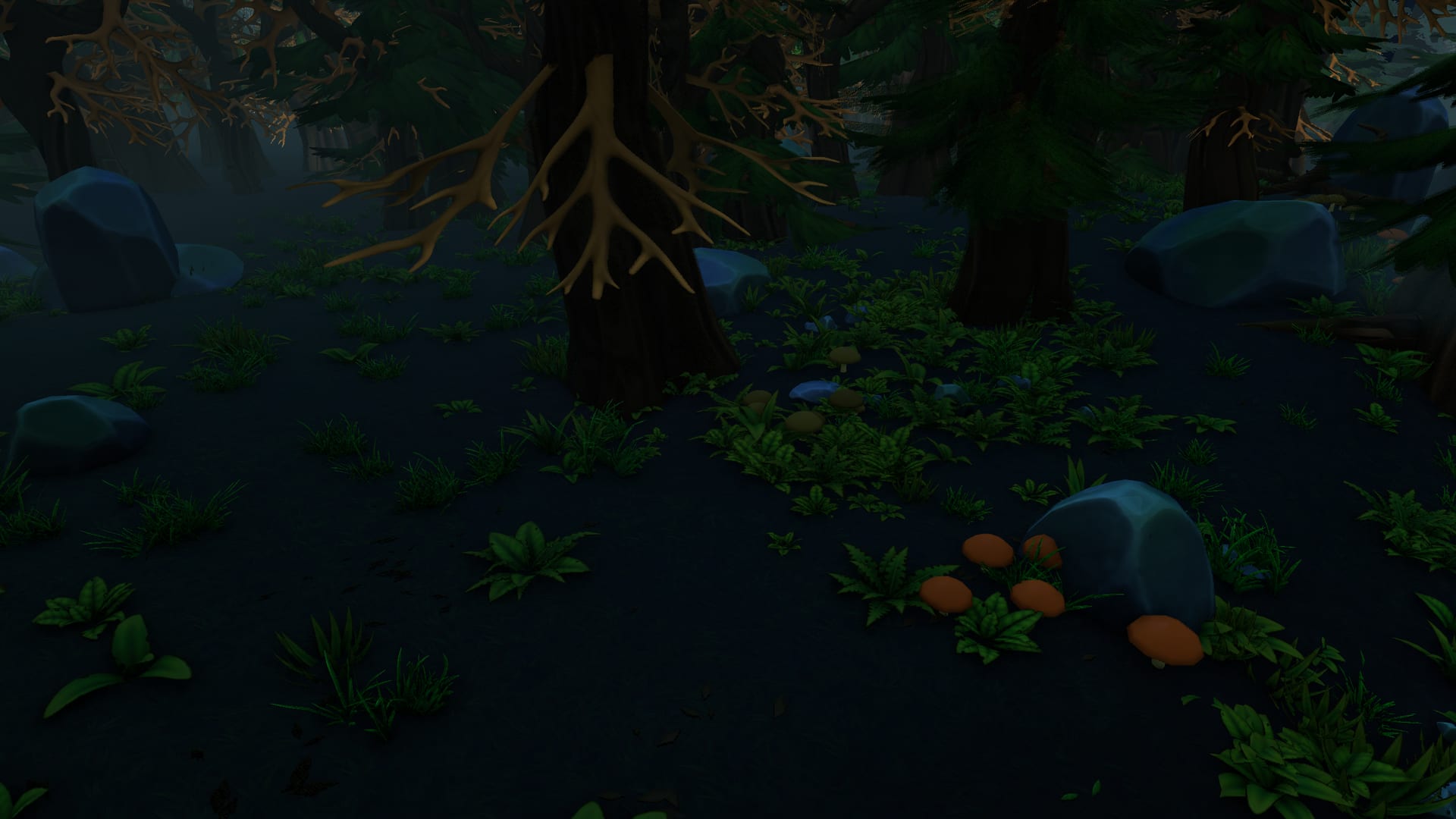 Game footage at night: walking through the woods east of the stream; light falls only where you look.