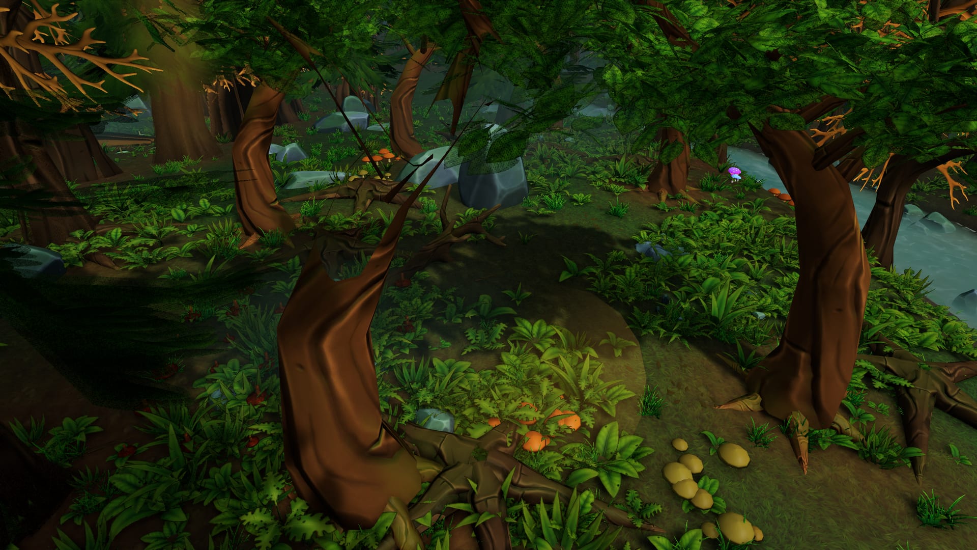 Game footage: running north out of the first glade, past boulders, mushrooms and a shaft of sun.