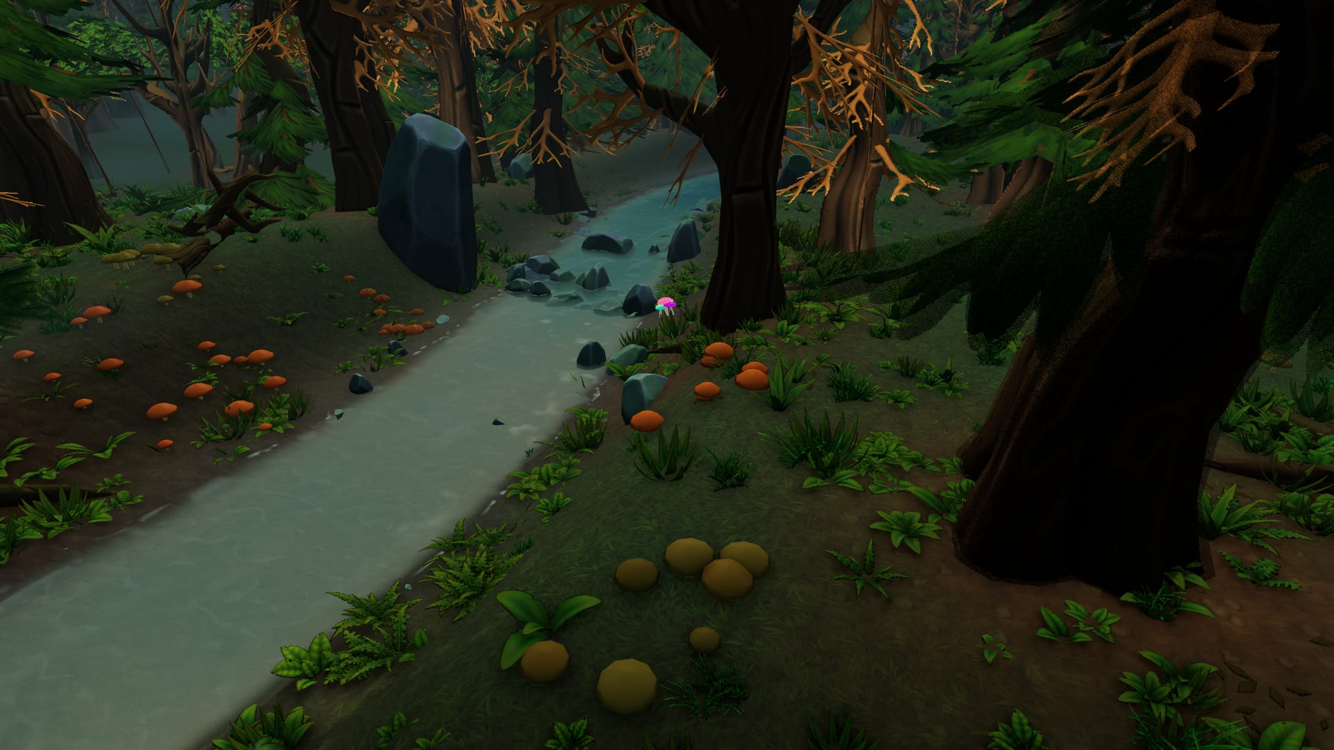 Game footage: running along the southern stream past a cluster of mushrooms.