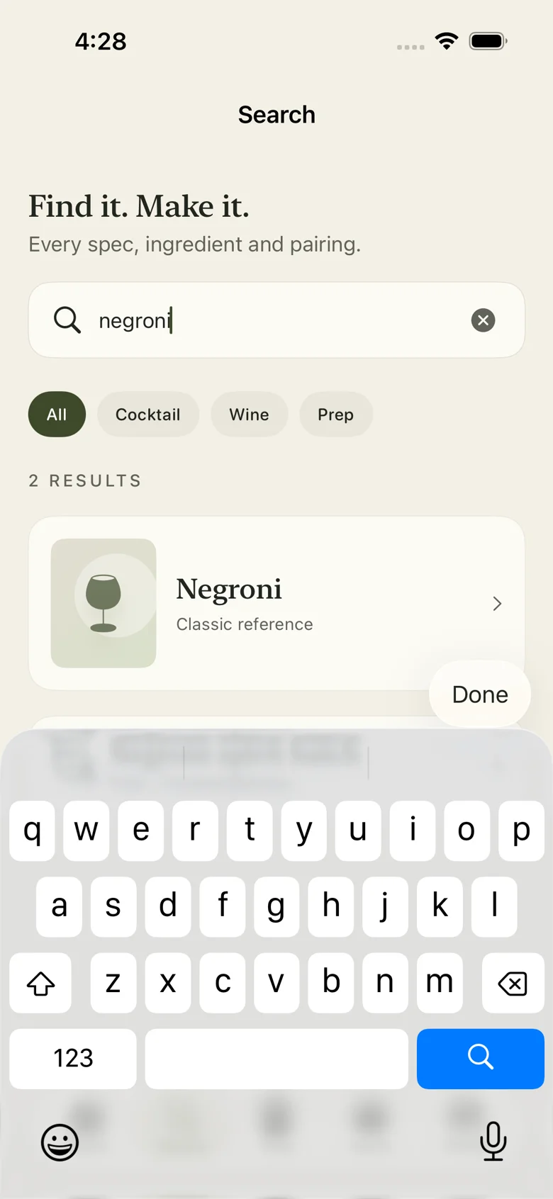 Actual app search for Negroni, showing the classic reference result.