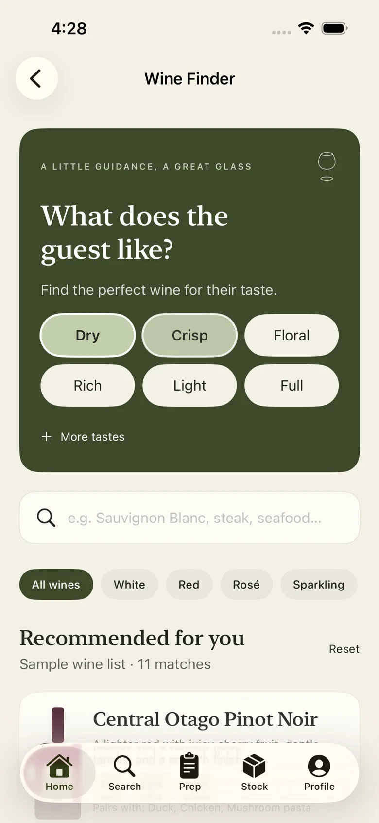 Actual Wine Finder with taste filters and recommendations from a sample wine list.
